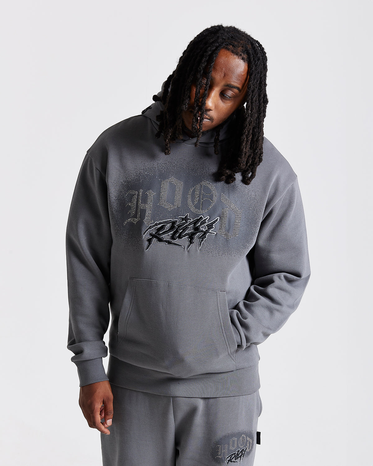 Men's Iron Oversized Full Tracksuit - Grey/Rhinestones
