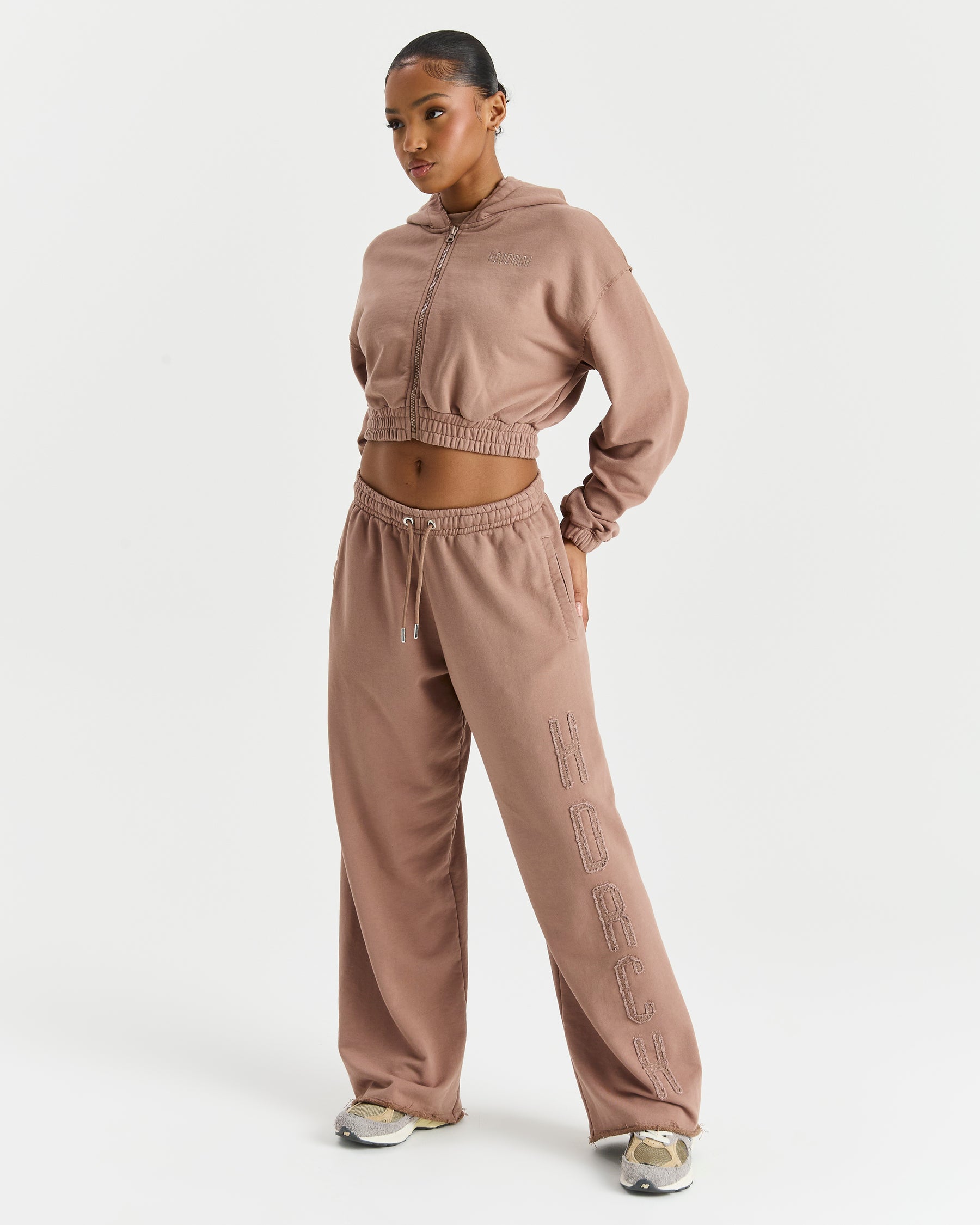 Detach Cropped Open Hem Joggers - Brown