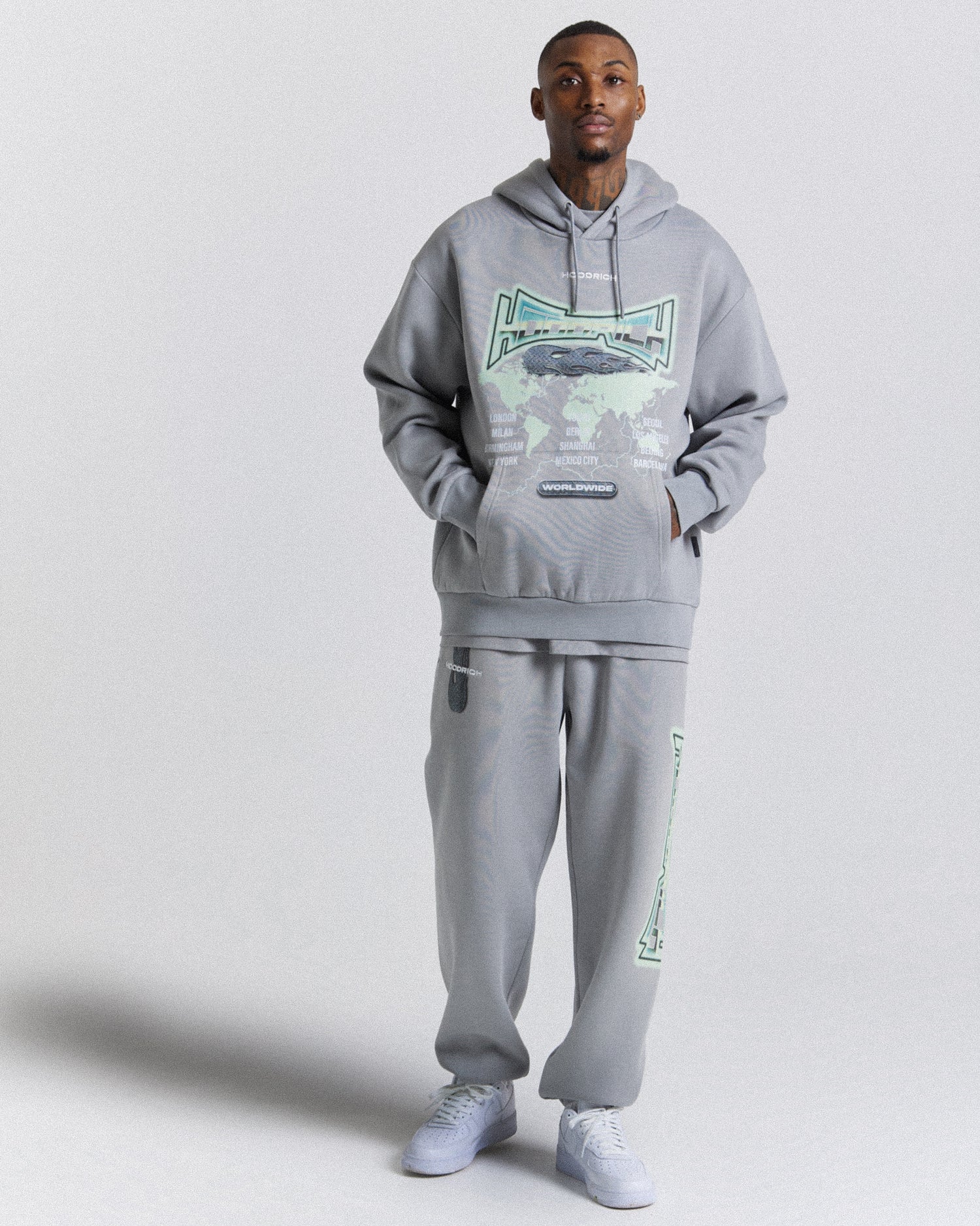 Worldwide Oversized Hoodie - Grey/White/Green