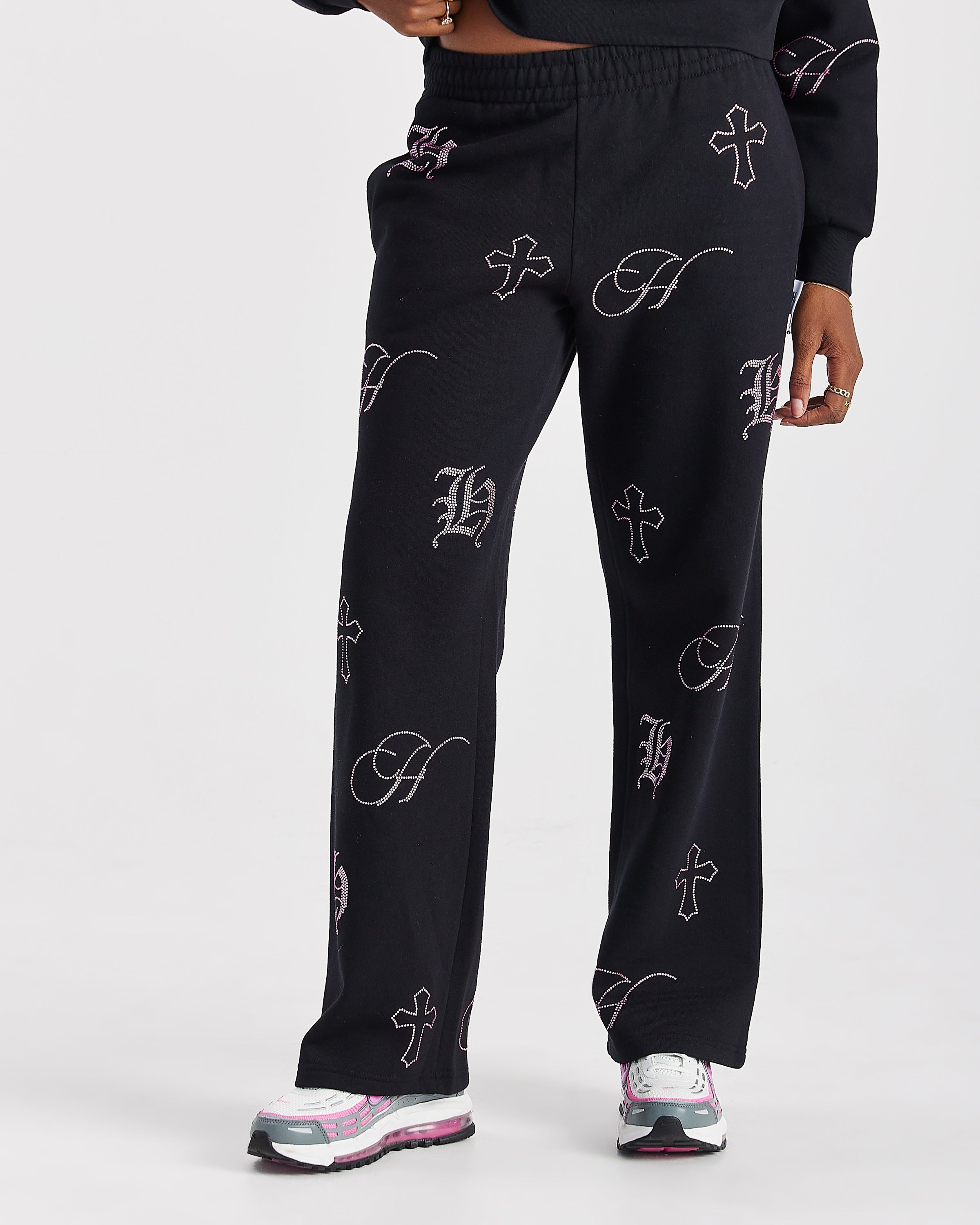 Crystal Wide Leg Jogger - Black/Pink Rhinestone