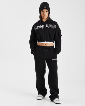 Dusk Relaxed Zip Cropped Hoodie - Black/White