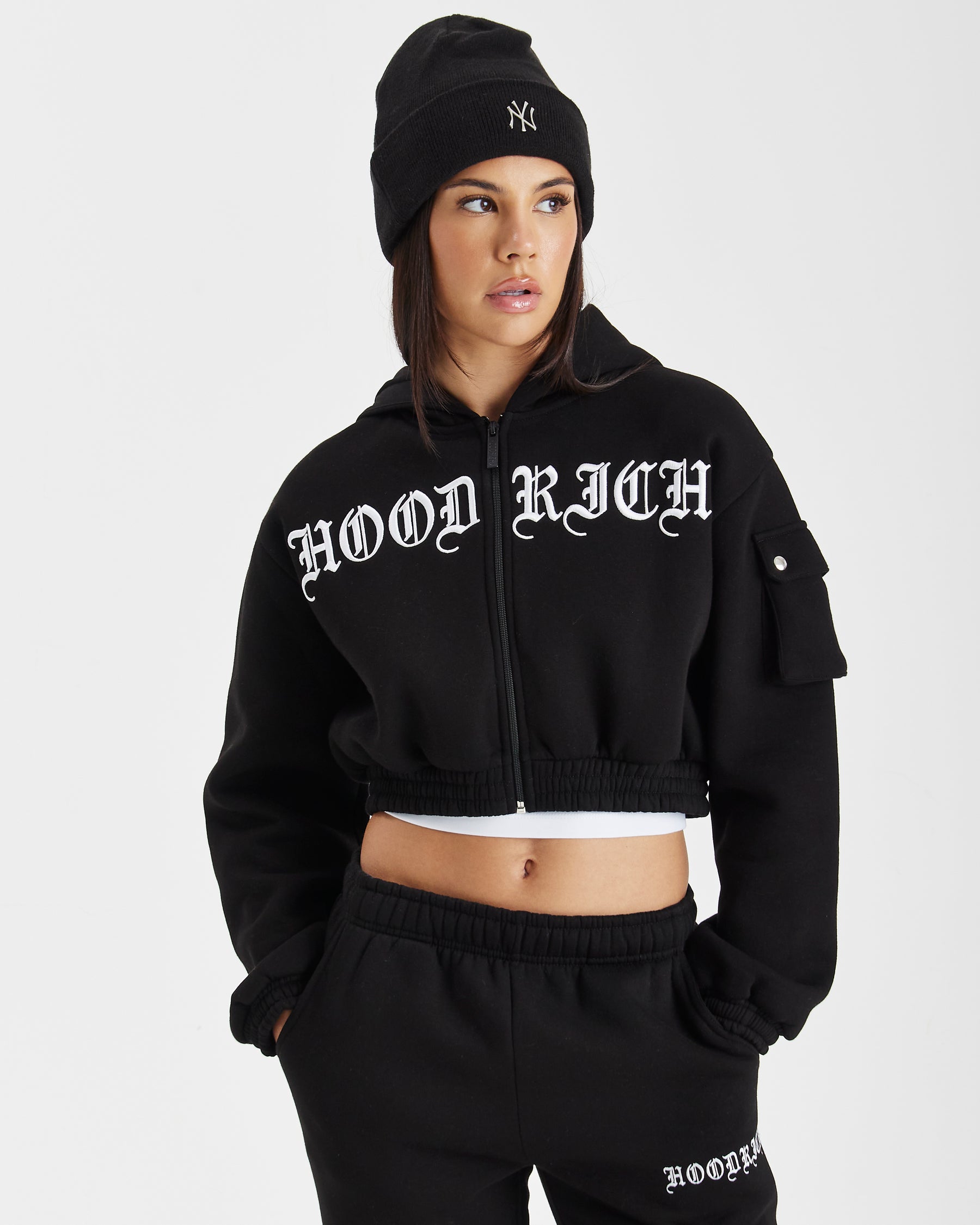 Dusk Relaxed Zip Cropped Hoodie - Black/White