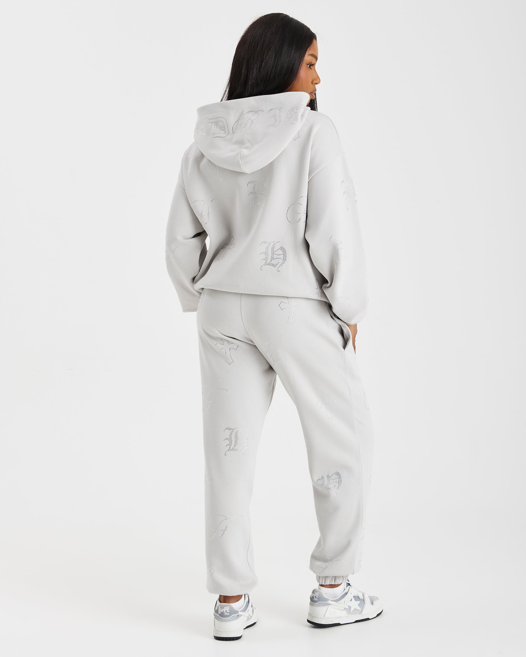 Crystal Oversized Zip Hoodie - Grey/Silver Rhinestone