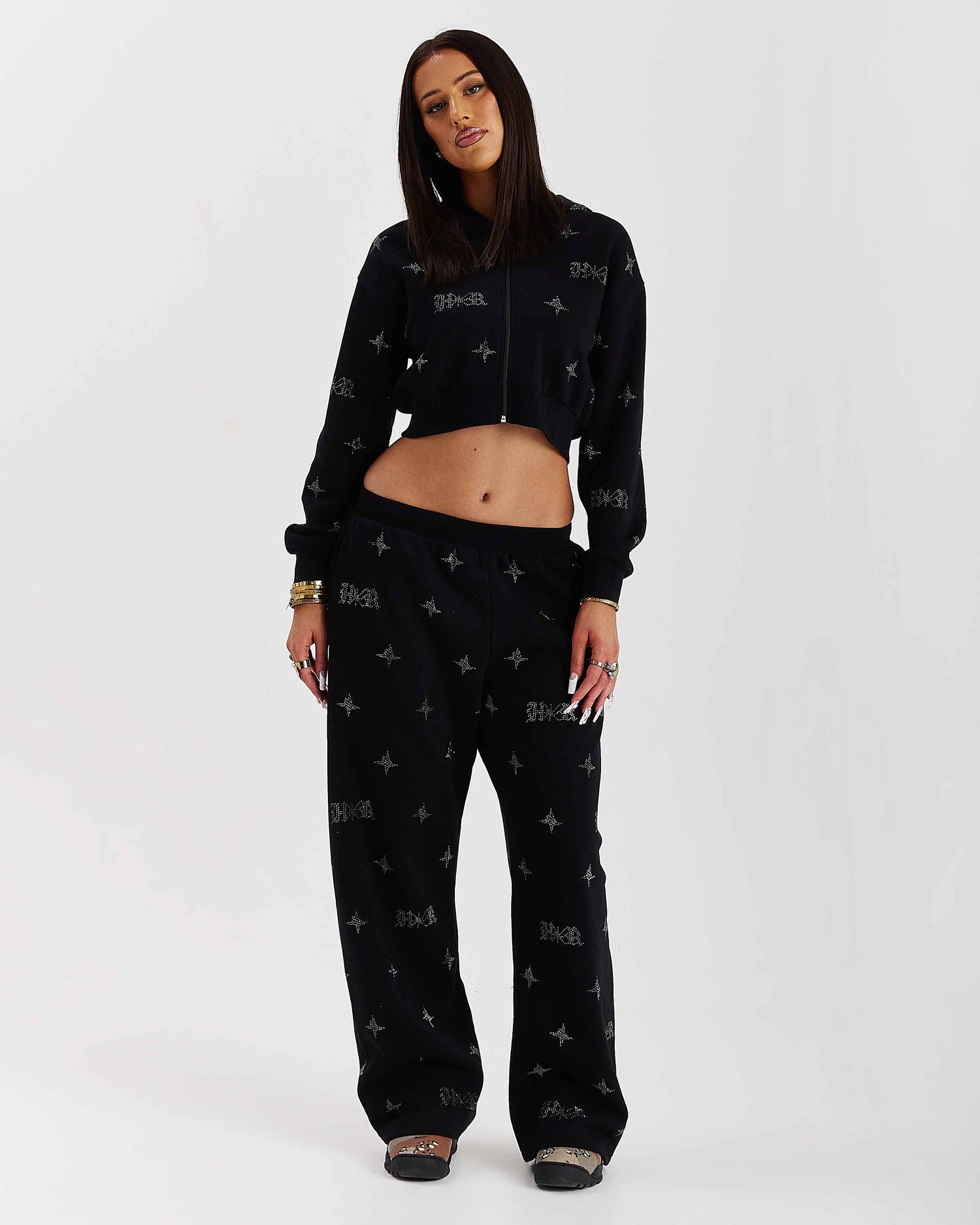 Razor Oversized Wide Leg Joggers - Black/Rhinestone