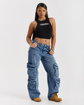 Token Wide Leg Cargo Jeans - Washed Mid Blue