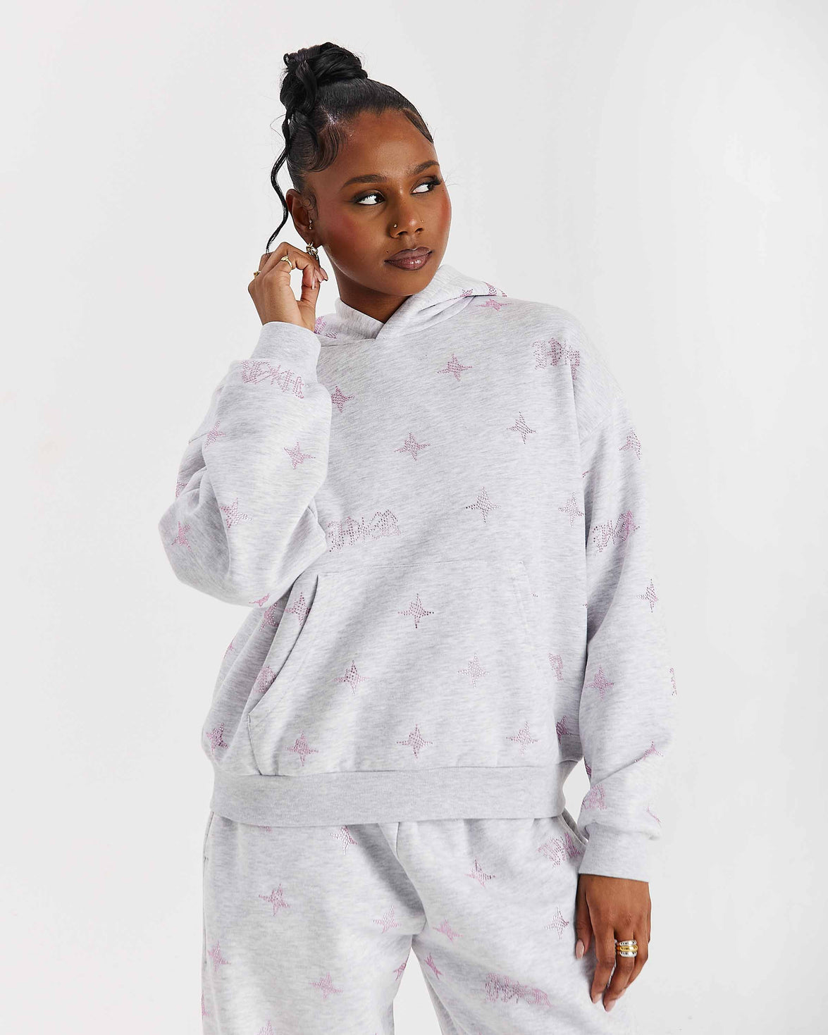 Razor Mid Length Hoodie - Light Grey/Rhinestone