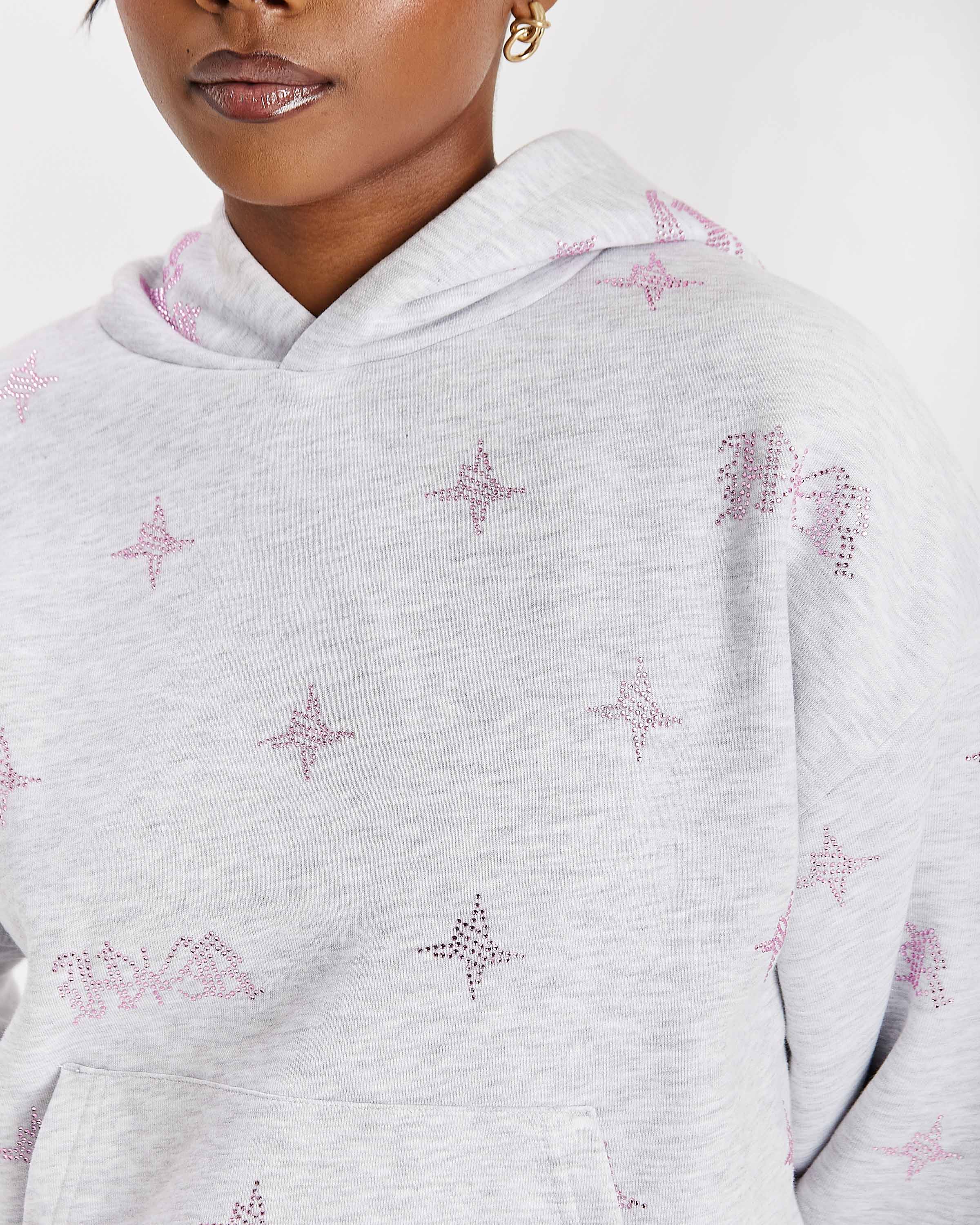 Razor Mid Length Hoodie - Light Grey/Rhinestone