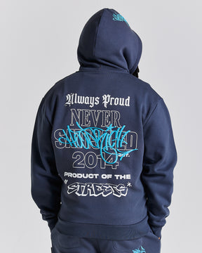Stamp Tag Oversized Zip Hoodie - Blue/White