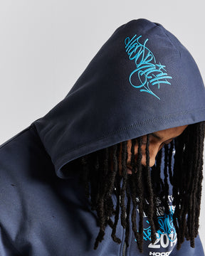 Stamp Tag Oversized Zip Hoodie - Blue/White