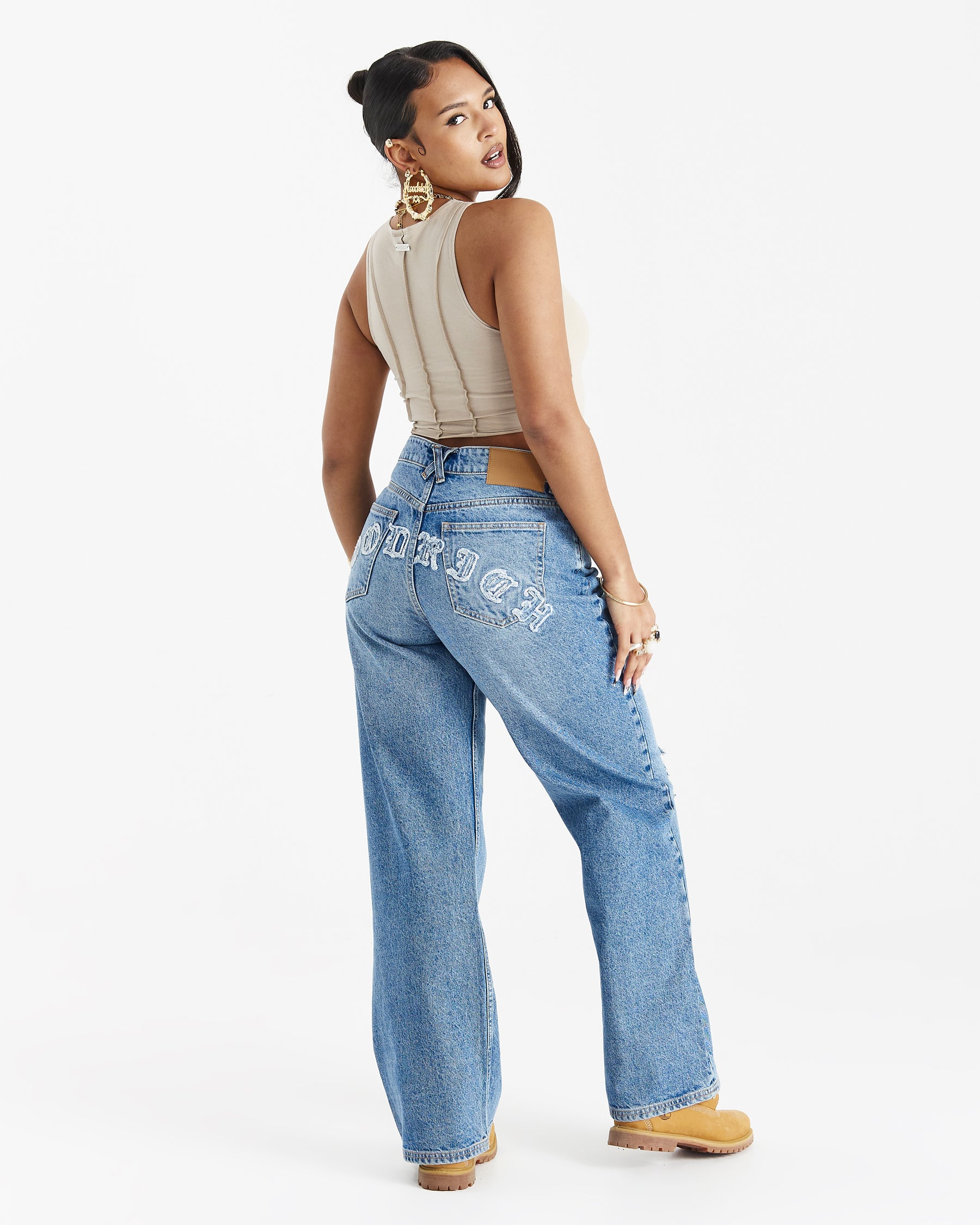 Distressed Gothic Wide Leg Jeans - Blue Wash