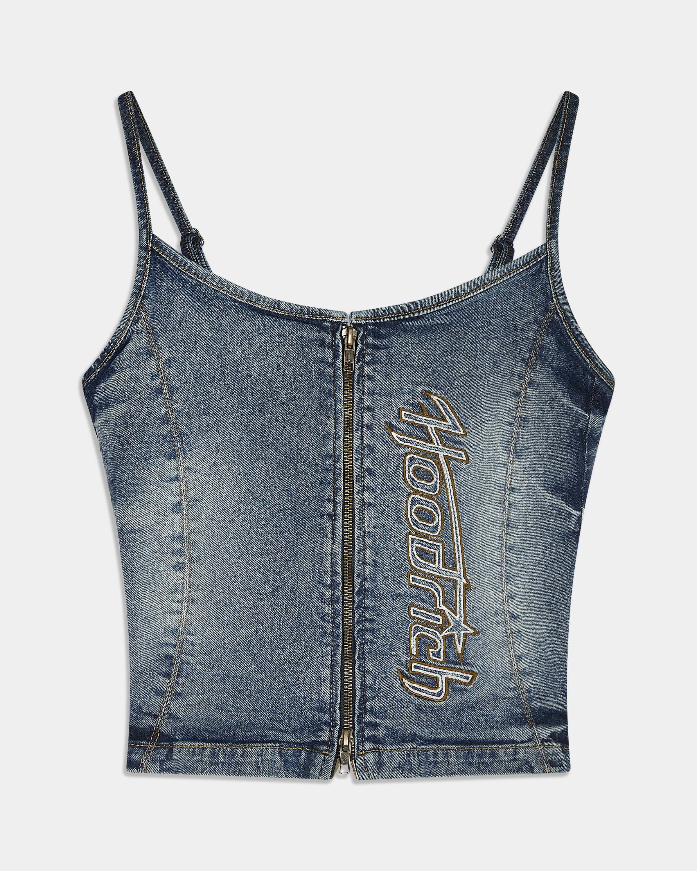 A cropped blue denim camisole top with thin shoulder straps, a front zipper, and a large vertical embroidered 'Hoodrich' text on the front, shown against a light gray background.